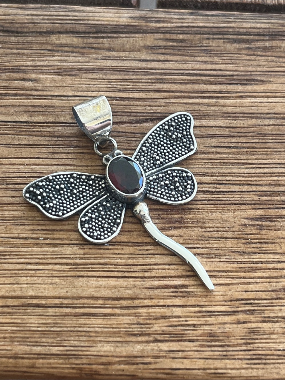 Sterling Silver Garnet Dragonfly Pendant with Oval Garnet Semi-Precious Stone
